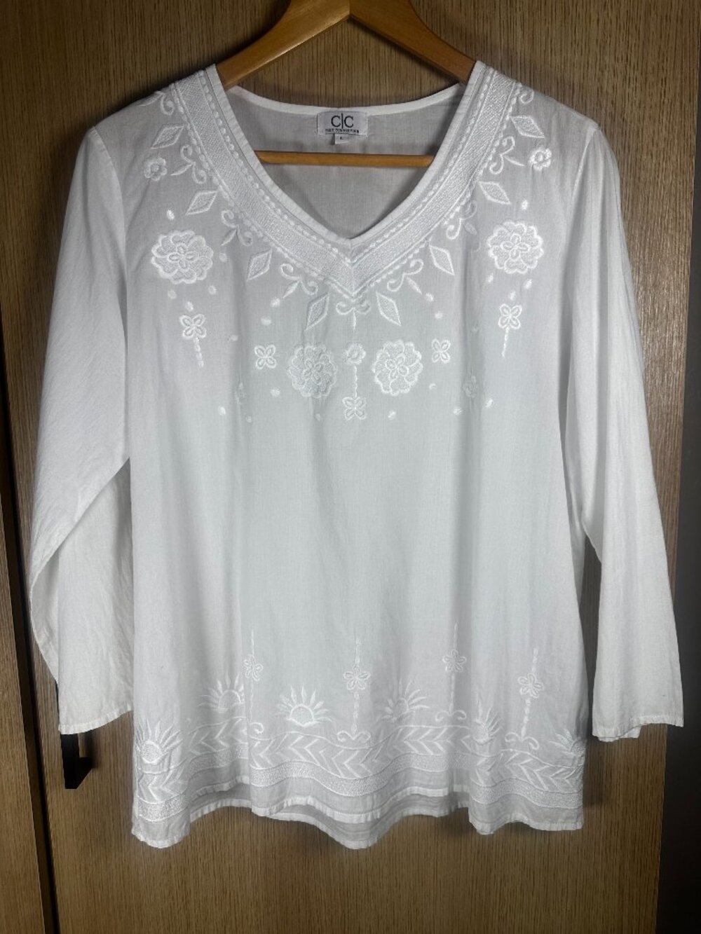 Chic Connection White Embroidered Boho Tunic Blouse Size Large